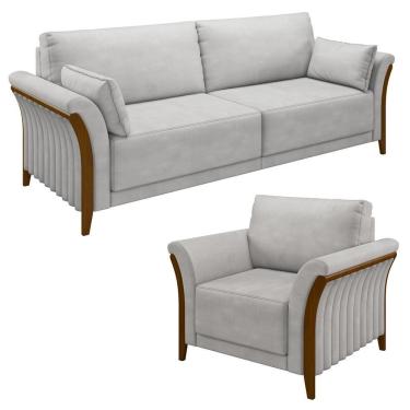 Imagem de Kit Sofá Living 3 Lugares E Poltrona 102cm Pés Madeira Roya M22 Veludo Cinza - Mpozenato