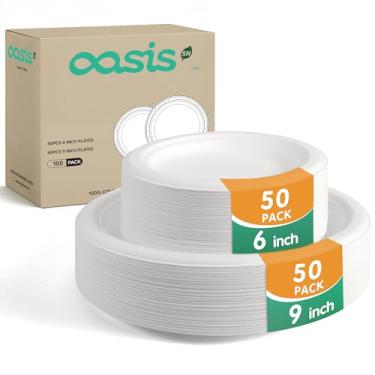 Imagem de OasisSN Conjunto de pratos de papel compostáveis com 100 peças – Inclui 50 peças de pratos de bagaço de 15 cm e 50 peças, pratos descartáveis ecológicos resistentes para festas, piquenique