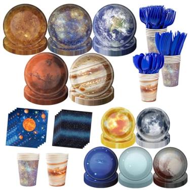 Imagem de 355 peças de decorações de aniversário espaciais para 50 convidados, artigos de festa incluem prato de papel, guardanapo, copo e utensílios de mesa de plástico descartáveis