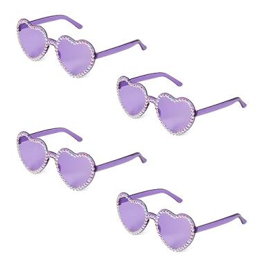 Imagem de 4 peças de óculos de sol em forma de coração, sem aro, elegantes pequenos óculos de sol de coração de strass, sem aro para festas de aniversário femininas (Roxo)