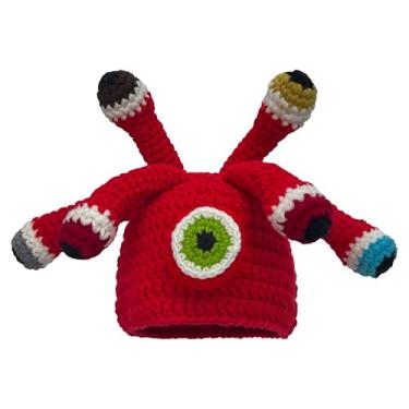 Imagem de Hshsclth Gorro unissex de crochê polvo com tentáculos de olho, chapéu de animal engraçado, presente de Halloween, acessório de cosplay, Vermelho, tamanho �nico