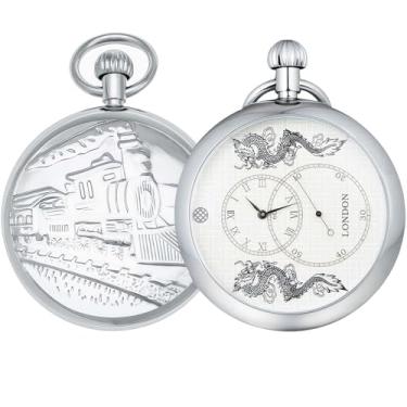 Imagem de DerMacht Relógio de bolso masculino dragão duplo, relógios mecânicos de esqueleto antigo com corrente, Ac. Branco prateado + caixa de madeira