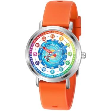 Imagem de Afcrho Relógio infantil – Relógios analógicos para crianças de 7 a 10 anos, 8 a 12 anos, ferramenta de ensino de tempo de aprendizagem de astronautas, 14. Astronauta arco-íris, pulseira laranja