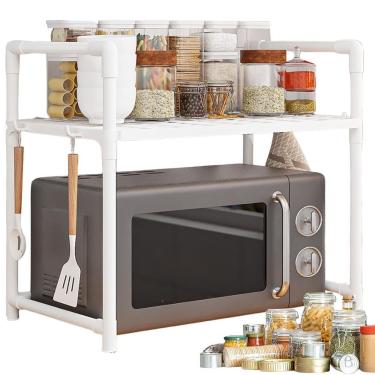 Imagem de Suporte Rack Microondas Organizador Cozinha Prateleira Gancho Talher Louça Tempero Balcao Armario Compacto Pia Multiuso