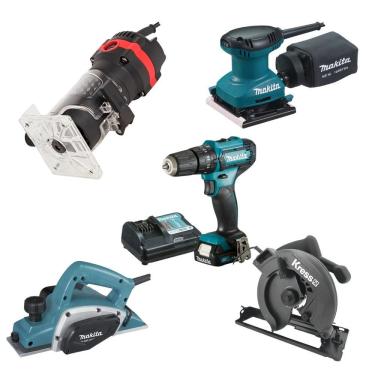 Imagem de Kit Marcenaria Profissional Makita E Kress – Furadeira, Lixadeira, Tupia, Serra E Plaina