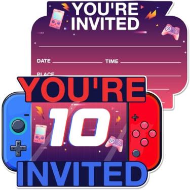 Imagem de MQCLYSG Convites de aniversário de 10 anos em forma de videogame com envelopes - Conjunto de 20 6 anos de festa de aniversário para meninos e crianças dupla face
