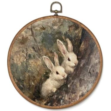 Imagem de Pôster de pintura a óleo em tela vintage com moldura redonda de coelhinho, decoração de parede, decoração de casa de campo, páscoa e primavera, decoração para quarto de bebê, banheiro, escritório