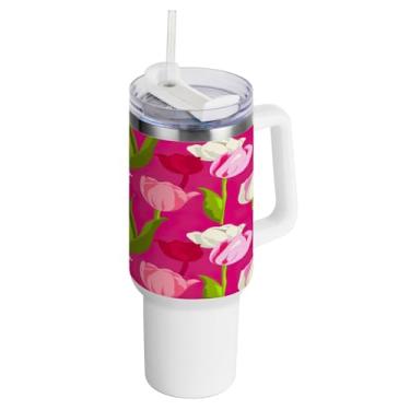 Imagem de Kigai Copo de tulipas bonito de 1,134 g com tampa e canudo, copo isolado de aço inoxidável durável à prova de vazamento com alça, garrafas de água à prova de derramamento para viagens