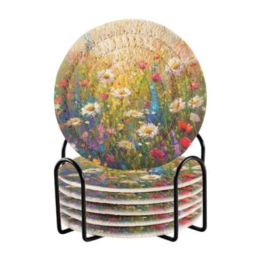 Imagem de Qilmy Conjunto de 6 peças de copos de flores coloridas bonitas ou porta-copos de bar para bebidas, porta-copos de fazenda ou porta-copos de mesa rústicos, porta-copos modernos de algodão para o
