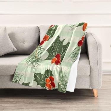 Imagem de Wassud Cobertores e mantas de Natal 152 x 228 cm folhas de azevinho cobertor de frutas vermelhas para sofá, cobertor quente de lã de pelúcia aconchegante para cama, sofá, cadeira, decoração de casa