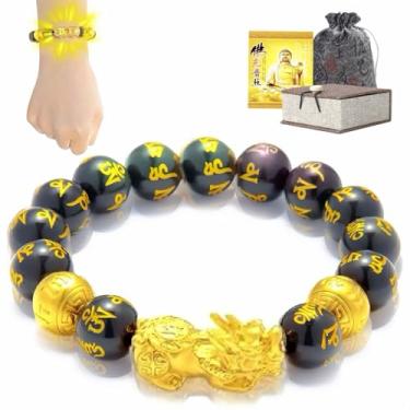 Imagem de Pulseira PiXiu banhada a ouro 24 k Feng Shui, Obsidiana PiXiu Wealth Bracelet Dragon Protection para homens e mulheres, pulseiras de contas de oração mantra podem trazer boa sorte, riqueza e saúde (12
