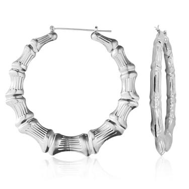 Imagem de Brincos de argola de bambu, brincos grandes de bambu hip hop para mulheres, banhado a prata, conjunto de brincos de argola de bambu grandes para rapper dos anos 80, 90, acessórios de rapper, uso