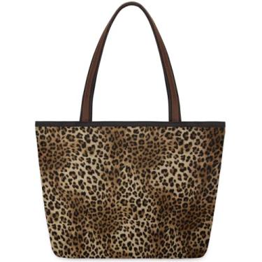 Imagem de Bolsa de ombro feminina com estampa de animal e alça superior estética escolar grande com zíper para viagens e trabalho, Leopardo, Large