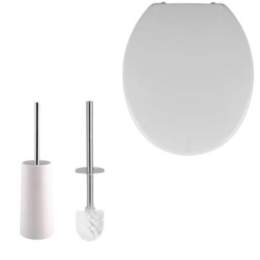 Imagem de Assento Vaso Sanitário Oval Almofadado Branco + Escova Sanitária Com Suporte Branco Base Redonda