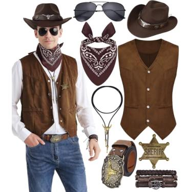 Imagem de Conjunto de 8 peças de fantasia masculina de cowboy ocidental com colete de vaca e chapéu, acessórios retrô, festa de Halloween, cosplay, marrom-escuro - G