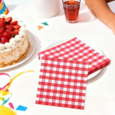Imagem de Guardanapos de papel guingão vermelho descartáveis guardanapos de papel guingão conjunto de toalhas de mão quadriculadas para convidados de piquenique papéis de guardanapo para jantar em casa