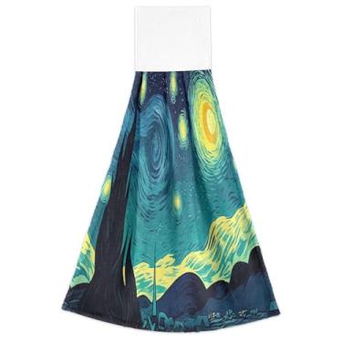 Imagem de Toalhas de cozinha estéticas de céu noturno estrelado com laço para pendurar toalhas de dedo de forno ultra absorventes conjunto de 2, essenciais de cozinha decorativos 46 x 35 centímetros