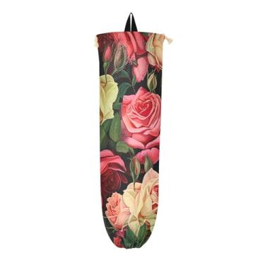 Imagem de Porta-sacos de plástico com design de rosas vermelhas e verdes para sacolas de supermercado, organizador de armazenamento de sacolas para cozinha