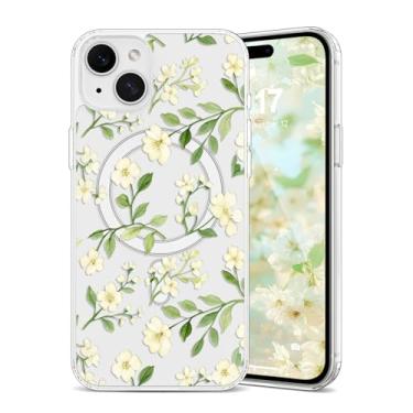 Imagem de EYZUTAK Capa magnética para iPhone 15 com flores compatível com MagSafe, bonita floral elegante estética capa protetora fina transparente antiamarelamento para meninas e mulheres - bege