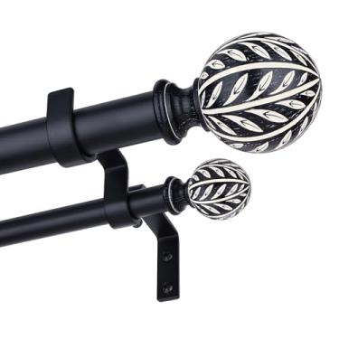 Imagem de Varões de cortina duplos para janelas, hastes de cortina duplas longas com acabamentos decorativos feitos à mão em folha de grão de madeira preta, hastes de tratamento de janela de metal rústico