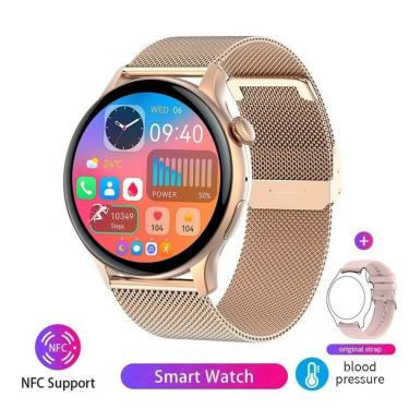 Imagem de Relógio Smartwatch Feminino Foxbox 7012A À Prova D'Água Malha Ouro Tela Hd Amoled