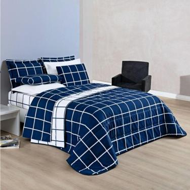 Imagem de Cobre Leito Casal Padrão Austin Micropercal 200 Fios Dupla Face - 3 Peças Cor Xadrez Marinho