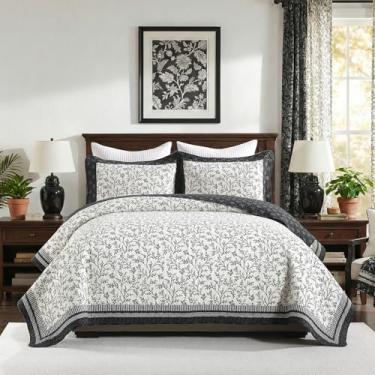 Imagem de Uniclinens Conjunto de colcha King 100% algodão – Conjunto de cama de colchas botânicas chiques reversíveis king size para todas as estações, edredom leve de 3 peças, marfim/cinza carvão