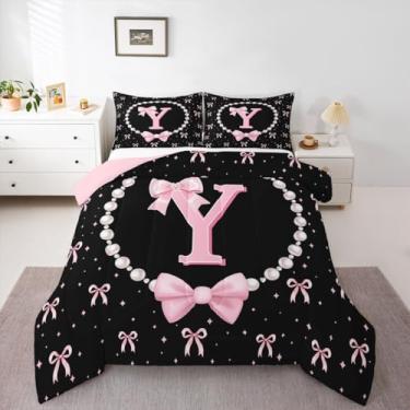 Imagem de Erosebridal Conjunto de edredom completo com laço rosa fofo para meninas – Conjunto de cama com monograma inicial Y para crianças, colcha de nó de laço rosa e preto, gravata borboleta coquete para