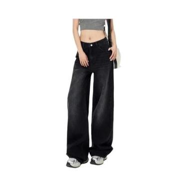 Imagem de Calças Jeans Femininas De Cintura Alta Retro Pretas E Cinzas Com Corte