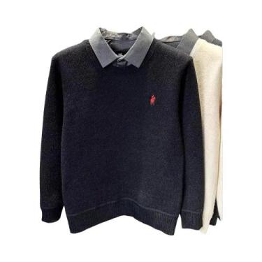 Imagem de Camiseta De Veludo Masculina Com Bordado, Suéter De Gola, Luxuoso E Ca