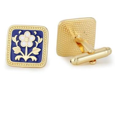 Imagem de Abotoaduras, esmalte banhado a ouro com design de flores brancas - yiw