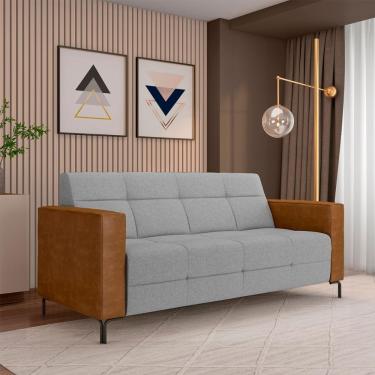 Imagem de Sofá Living Decorativo Houston 2 Lugares 200cm Pés em Metal Linho/PU Cinza Escuro/ Caramelo G33 - Gran Belo