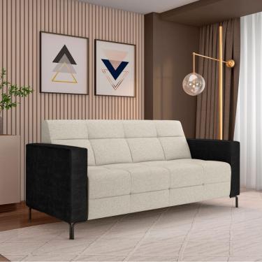 Imagem de Sofá Living Decorativo Houston 2 Lugares 200cm Pés em Metal Linho/ PU Off White/ Preto G33 - Gran Belo