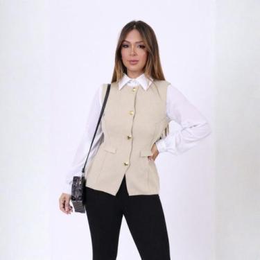 Imagem de Colete Feminino Alfaiataria Acinturado Botões Dourados Elegante Social