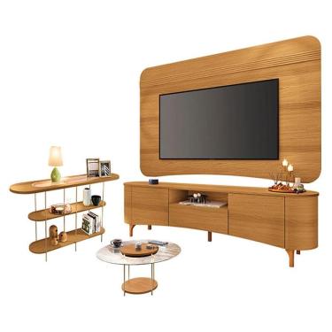 Imagem de Rack Bancada Elara e Painel Armony com Mesa de Centro Sky com Tampo de vidro e Aparador Infinity Cinamomo - HB Móveis