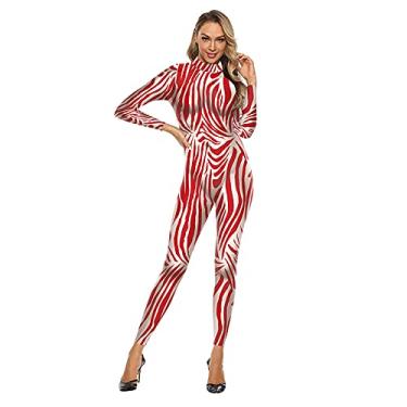 Imagem de Yajun Macacão feminino moderno de Halloween com listras de corpo inteiro liso 3D Skinny Cosplay fantasia chique com zíper vermelho, GG (busto: 94 cm)