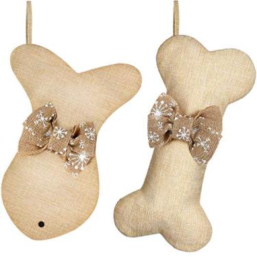 Imagem de Meias de Natal Syhood, 2 peças, osso de cachorro, meias de peixe, meias de natal, meias de estopa para animais de estimação, meias para pendurar na lareira, meias com laço para decoração de festa de Natal para cães e gatos
