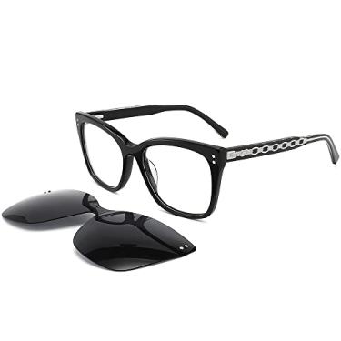 Imagem de Óculos de sol com clipe magnético feminino olho de gato polarizado óculos de sol acetato, C1, preto