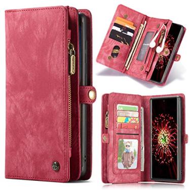 Imagem de Capa carteira para Samsung Galaxy Note 20 para mulheres, homens e meninas, durável, 2 em 1, couro premium destacável, PU, com 11 compartimentos para cartões, bolsa magnética com zíper, alça de cordão (vermelha)