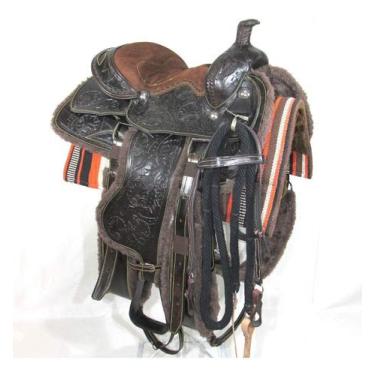 Imagem de Sela Prova De Laço Marrom Americana Entalhada Completa Arreada Profissional 16 Polegadas Couro
