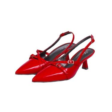 Imagem de Scarpin Verniz Bico Fino Salto Baixo Fecho Com Fivela Not Me (Vermelho, BR, Adulto, Numérico, 34)