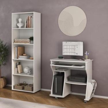 Imagem de Kit 2 Peças com Escrivaninha para Computador Cpu e Estante para Livros 5 Prateleiras Branco