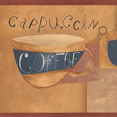 Imagem de CONCORD WALLCOVERINGS ™ Papel de parede Border Kitchen Cups Pitcher Cappuccino Espresso para Cozinhas Cafés, Bege Vermelho Camelo, 17,8 cm por 15 Ft CU78236