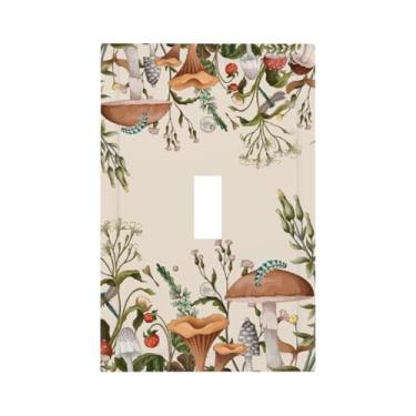 Imagem de Capa decorativa fofa bege dos anos 70 vintage boho, cogumelo, fungo, decorativo, único, interruptor de luz, planta de samambaia rústica, floral, botânica, libélula, 1 gangue, face elétrica, placa de