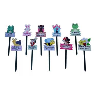 Imagem de Kit Com 10 Placas De Jardim Mini Em Mdf Sortidas Decorativas - HC Deco