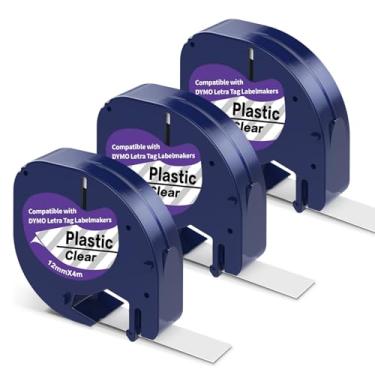 Imagem de Pacote com 3 fitas compatíveis com refil DYMO Label Maker, fita de etiqueta transparente 12267, 12 mm de substituição de fita de plástico para refil DYMO Letratag, funciona para LT-100T LT-100H QX50