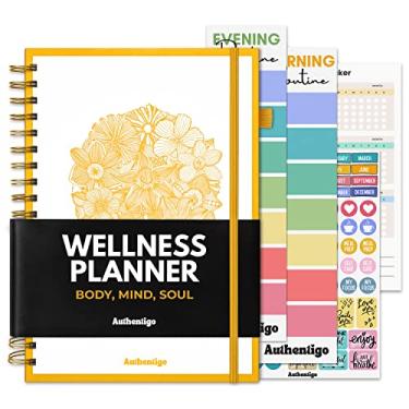 Imagem de Authentigo Planejador de bem-estar para um estilo de vida saudável – Diário de autocuidado com programação por hora, plano de refeições e gratidão – Monitore a perda de peso e os objetivos de saúde, sem data, 17,78 x 25,4 cm, em flor