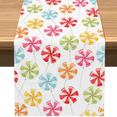 Imagem de Vohado Caminho de Mesa de Natal Sweet Candyland Decoração de Festa de Aniversário com Tema Candy Land Pirulito Colorido Sala de Jantar Decoração de Ilha de Cozinha para Casa de Férias