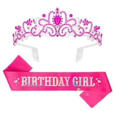Imagem de Ondder Faixa e coroa para meninas de aniversário para mulheres, tiara de coroa de aniversário para decorações de aniversário, faixa de aniversário com glitter e tiara princesa para lembrancinhas de