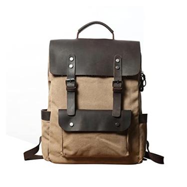 Imagem de Mochila de lona moda estilo vintage para homens mochila de couro mochila escolar para laptop(Khaki-Cow leather)